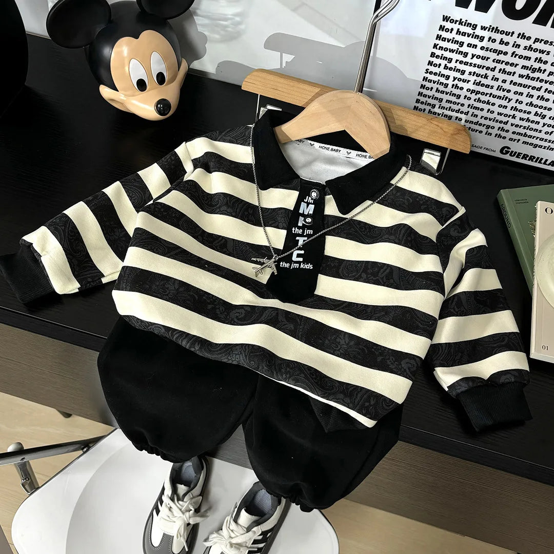 خريف children's polo shirt طقم korean version two-piece sports فيست striped cashew flower available small medium sizes أولاد