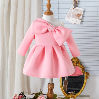 european and american ربيع وخريف جديد بنات pearl bow suspender أكمام طويلة فستان