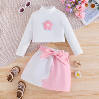 موضة 2025 جديد خريف/شتاء small high collar sticker small flower أكمام طويلة توب bow splicing half جيب طقم