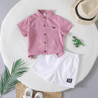 كاجوال صيف طقم قطعتين for أولاد أكمام قصيرة dinosaur embroidered polo shirt and white print shorts