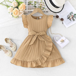 صيف بنات' جديد solid color wave stripe كم كشكش round neck ruffle edge فستان with waist belt