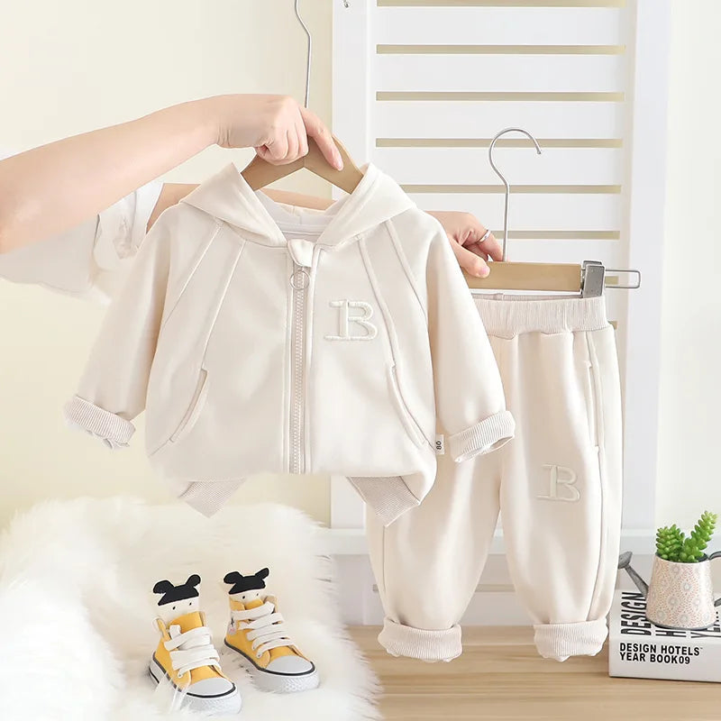 موضة 2025 ربيع جديد أولاد' and بنات' hooded zipper shirt أكمام طويلة طقم baby كاجوال pants طقم قطعتين