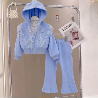 european and american بنات' كاجوال print أكمام طويلة cardigan بدلة with bow hood cross-border جديد ستايل