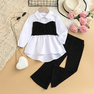 small fragrant wind بنات' كاجوال طقم قطعتين أكمام طويلة knitted jacket فيست with lace spliced shirt pants for foreign trade
