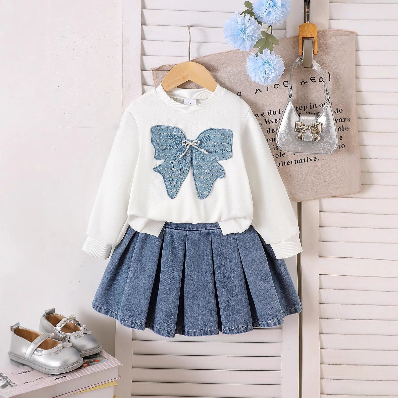 خريف and شتاء جديد women's and children's طقم، bow white أكمام طويلةd sweatshirt with بليسيه دينم جيب طقم قطعتين