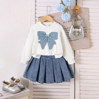 خريف and شتاء جديد women's and children's طقم، bow white أكمام طويلةd sweatshirt with بليسيه دينم جيب طقم قطعتين
