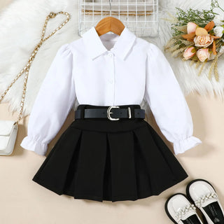 موضة 2025 خريف جديد بنات كاجوال three-piece طقم solid color بليسيه جيب belt أكمام طويلة shirt lapel