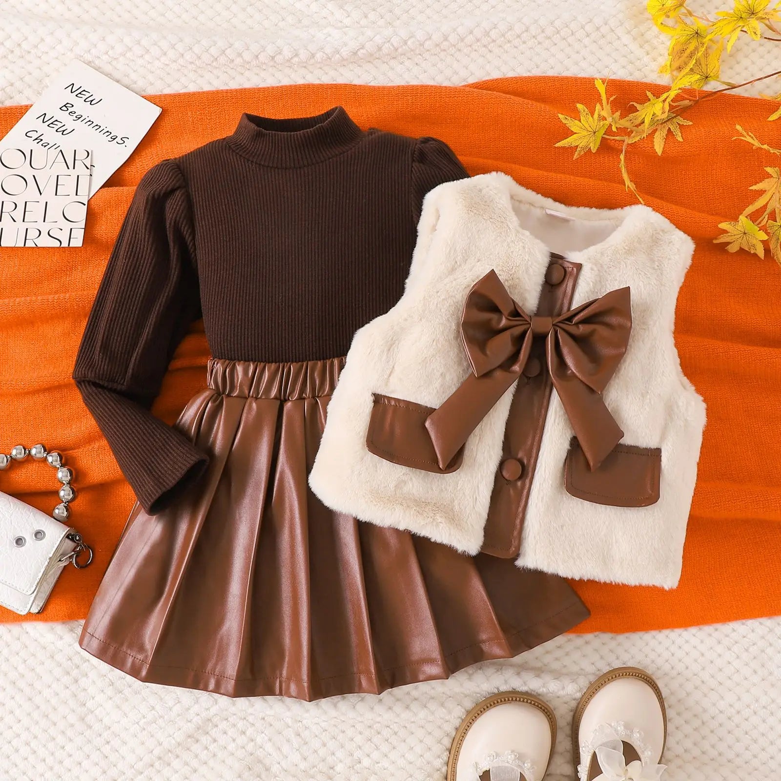 موضة 2025 popular شتاء بنات' طقم أكمام طويلةd توب with fur فيست بليسيه leather جيب three piece طقم