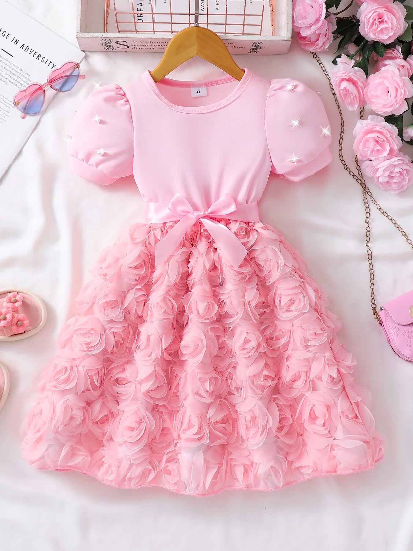 children's صيف rose فستان for بنات 3d flowers print أكمام قصيرة with pearl decoration odm party فستان for بنات