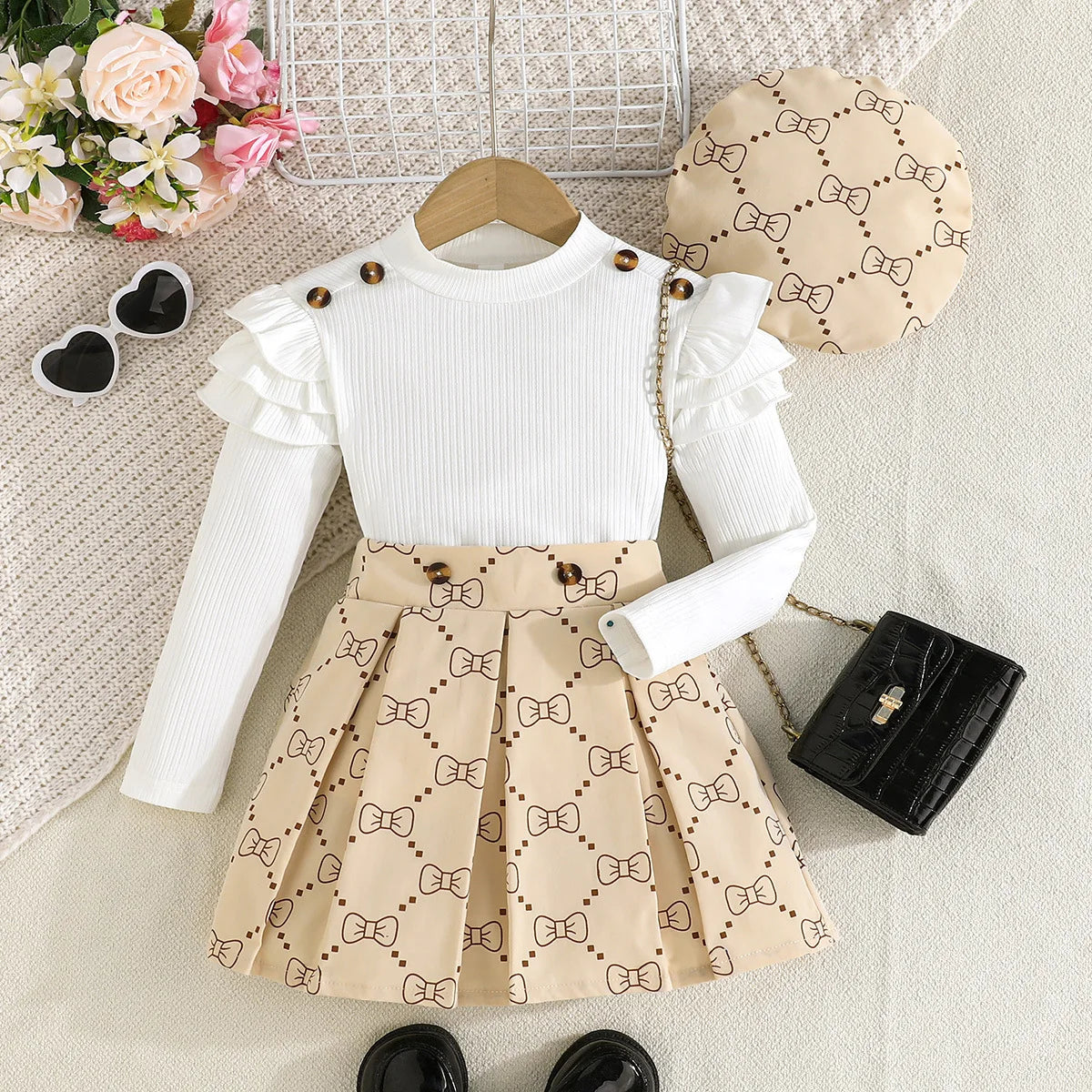 بنات' ربيع وخريف جديد sweet طقم exquisite hat solid color توب geometric بليسيه جيب 3-piece طقم