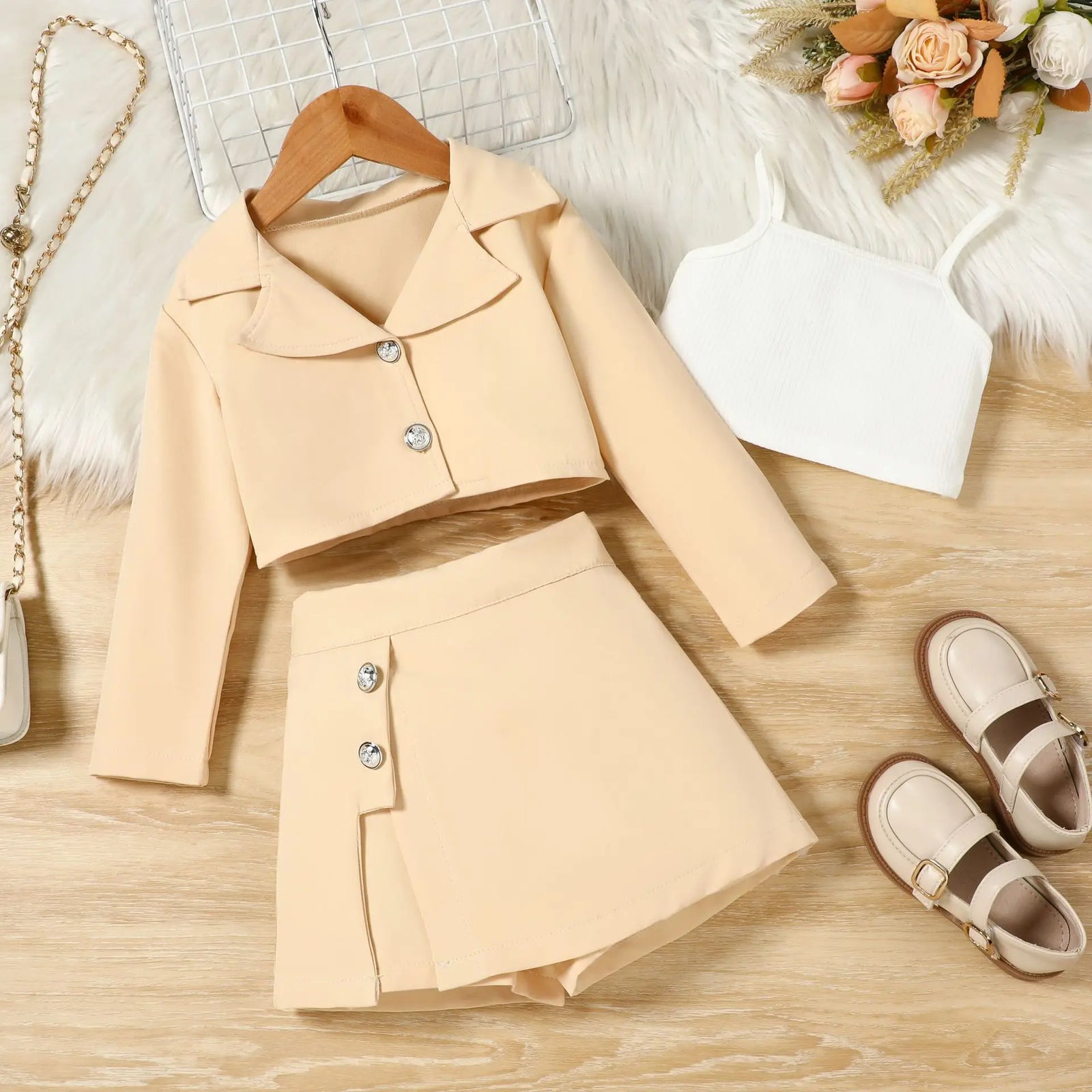 موضة 2025 خريف and شتاء جديد بنات' طقم بنات' lapel أكمام طويلةd jacket camisole inner جيب pants three piece طقم
