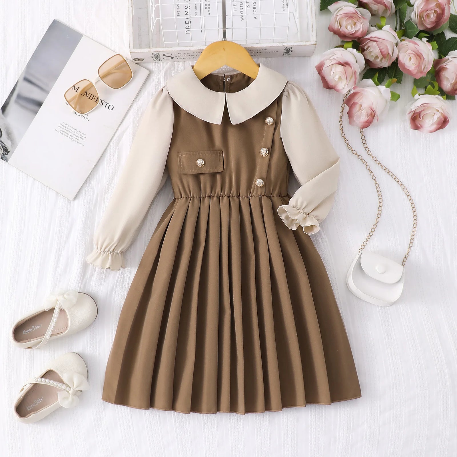 children's formal فستان for بنات small medium sizes صيف season أكمام طويلة بليسيه جيب with stitching lapel solid pattern