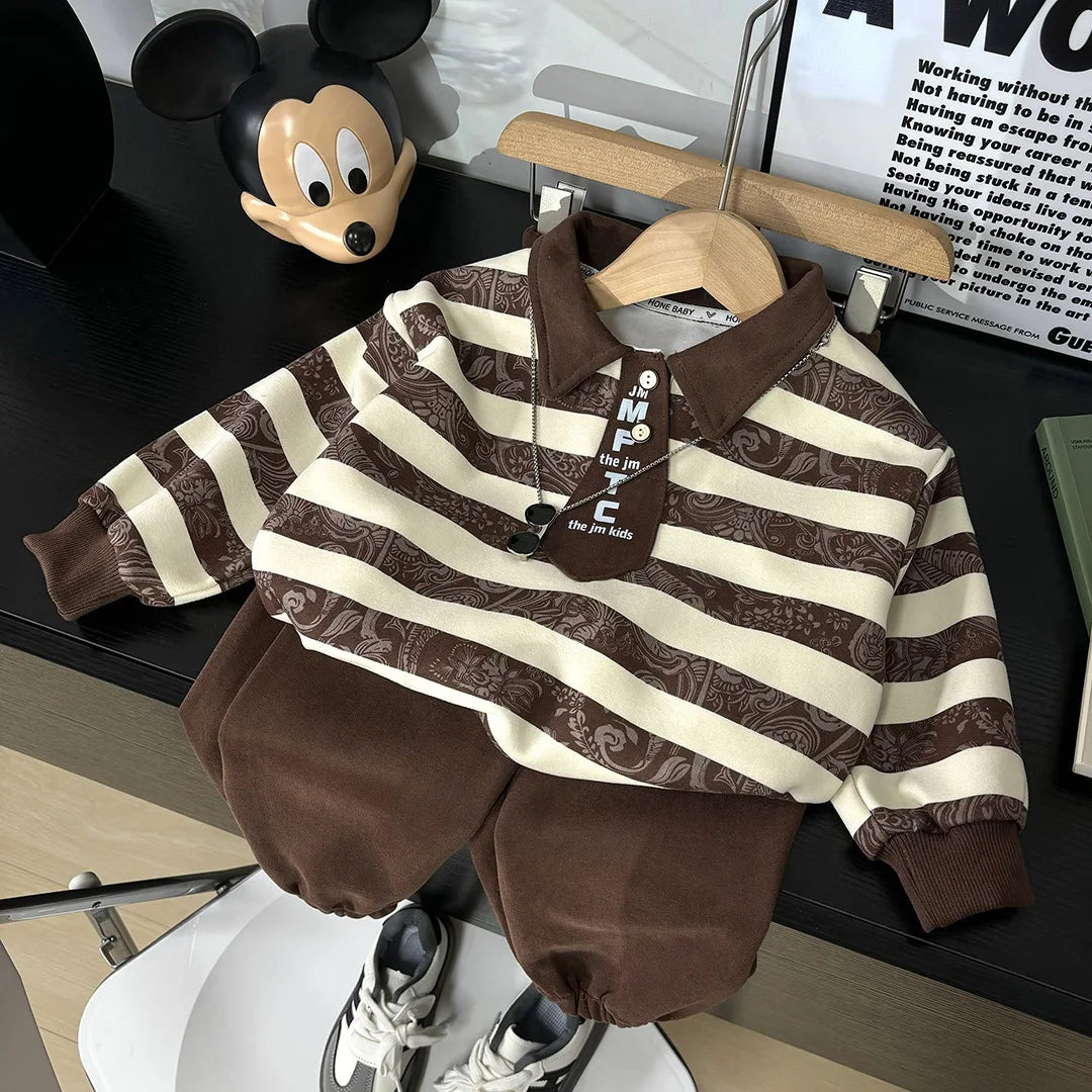 خريف children's polo shirt طقم korean version two-piece sports فيست striped cashew flower available small medium sizes أولاد