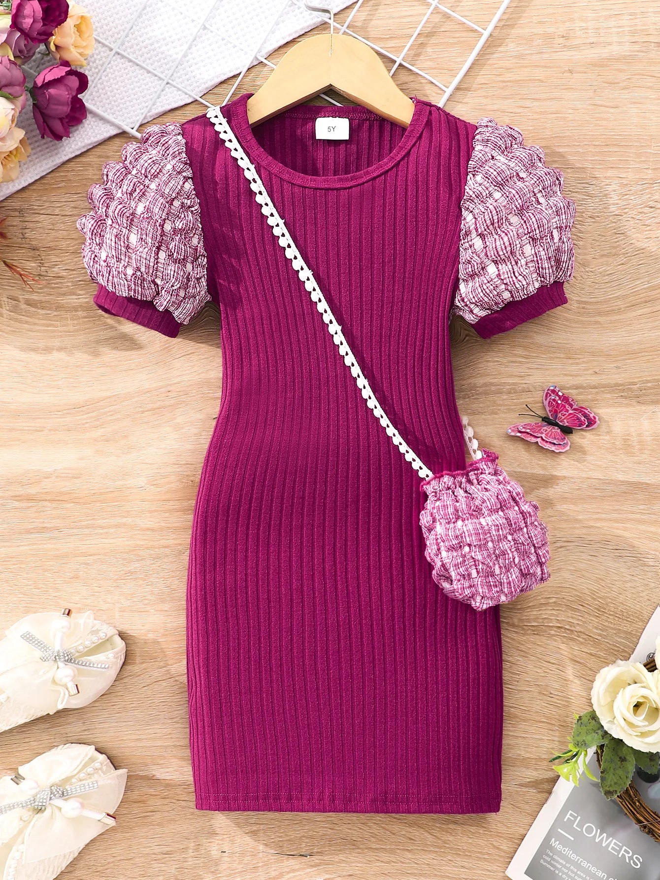 أكمام قصيرة bubble فستان for بنات light knitted fabric with button decoration small medium-sized children solid color صيف
