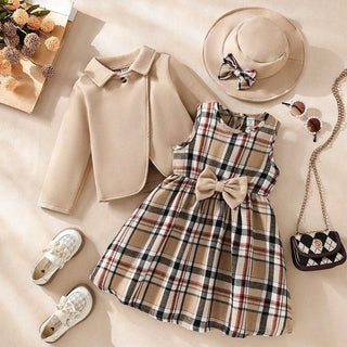 خريف and شتاء بنات كاجوال بدلة طقم of three elegant woolen cloth coat with plaid جيب bow hat cross-border availability