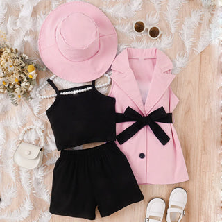 high quality 2024 جديد arrival صيف بنت four-piece suits with strap توب +shorts+بدون أكمام بدلة jacket +hat أطفال clothing طقم