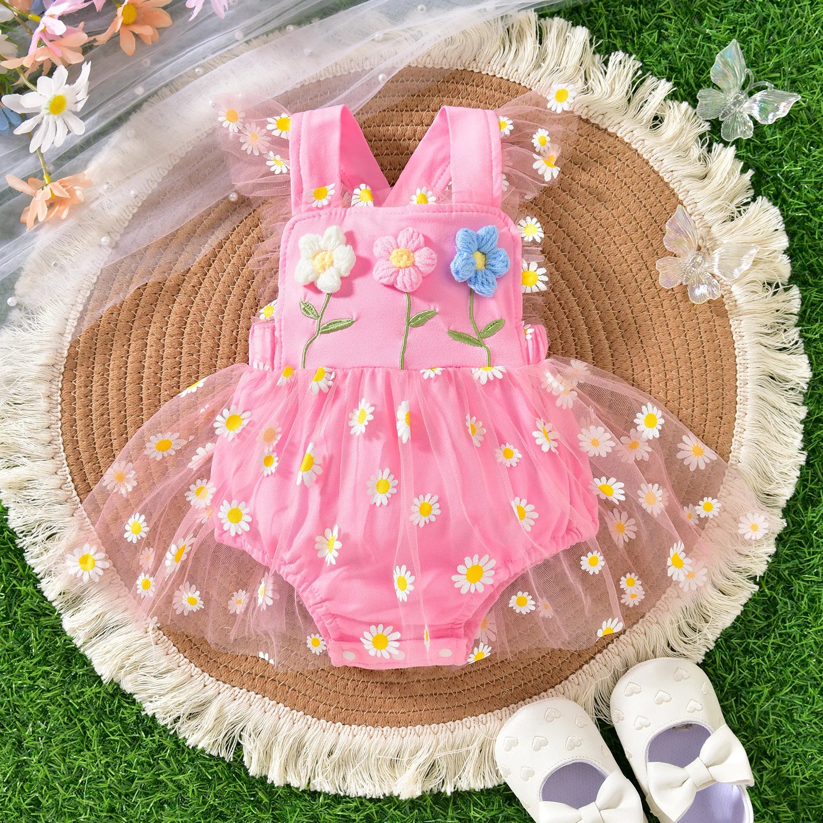صيف newborn infant clothing بدون أكمام 3d flower patchwork تل bodysuit backless baby بنت romper فستان