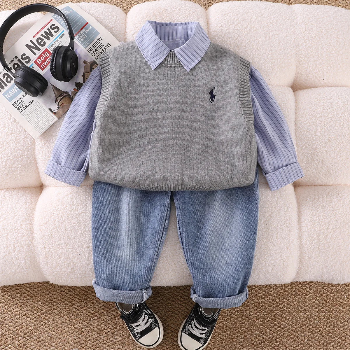 موضة 2025 أولاد academic ستايل جديد embroidered waistcoat shirt cotton three-piece طقم for baby's ربيع خريف printed logo children's