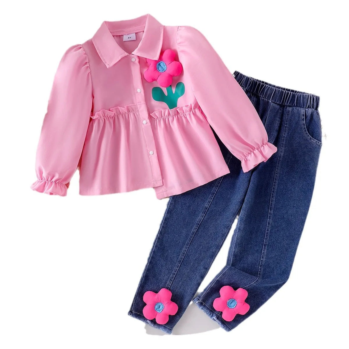 cross-border جديد بنات lapel floral pink shirt and floral jeans بدلة