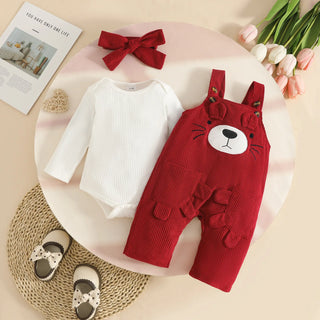 baby بنات fall شتاء طقم bear corduroy cotton jacket and pants with hackle straps أكمام طويلة 3pcs ins ستايل طقم