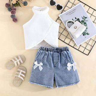 موضة 2025 جديد كاجوال sweet children's صيف clothing بدون أكمام توب with دينم pants طقم