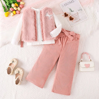 25 جديد شتاء بنات' طقم pit strip أكمام طويلة توب قصير velvet فيست belt طويل pants four piece طقم