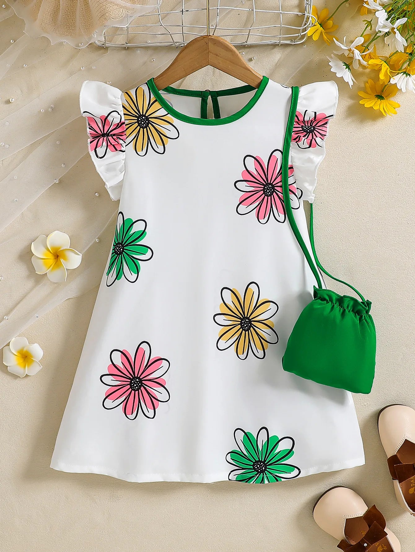 بنات' colorful floral print small fly أكمام، back collar، water drop buckle كاجوال loose فستان