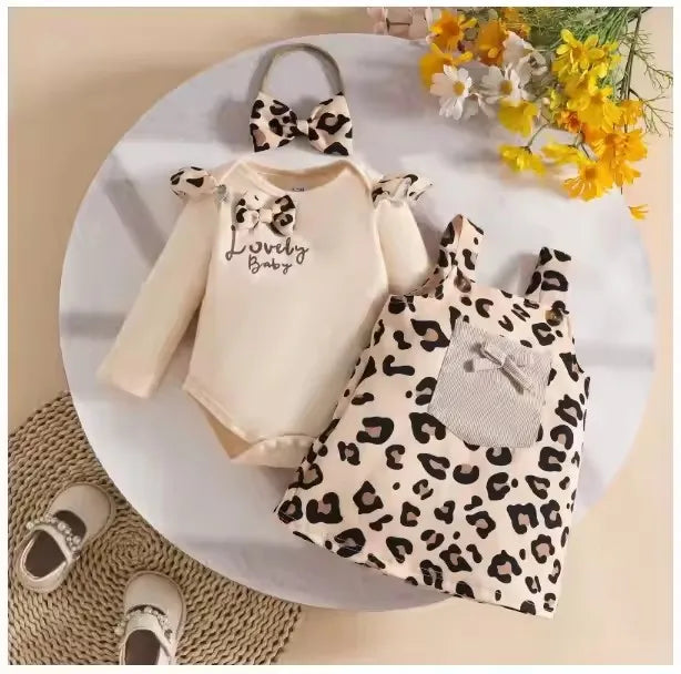 fall شتاء fashion three-piece clothing طقم for baby بنات leopard bow أكمام طويلة توب purse leopard belt جيب hair band