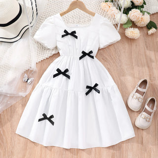 صيف بنات' كاجوال فستان، large children's أكمام قصيرةd square neck bow solid color فستان