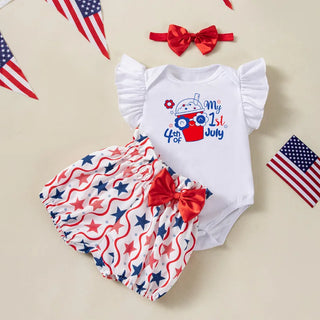 fashion newborn baby clothes baby independence day clothes printed بنات romper shorts hairbands 3 pieces طقم