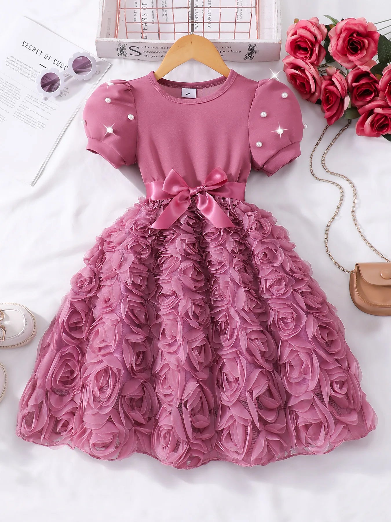 children's صيف rose فستان for بنات 3d flowers print أكمام قصيرة with pearl decoration odm party فستان for بنات