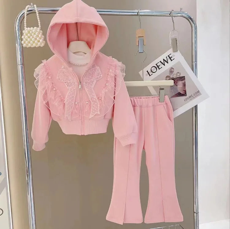 european and american بنات' كاجوال print أكمام طويلة cardigan بدلة with bow hood cross-border جديد ستايل