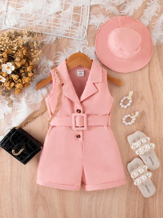 2024 صيف boutique infant بنات clothing بدون أكمام solid color lapel v neck belt bodysuit hat 2pcs baby جمبسوت