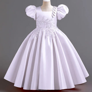 جديد بنات' فستان with bubble أكمام and satin fabric، طويل أميرة فستان، and performance costume for big children