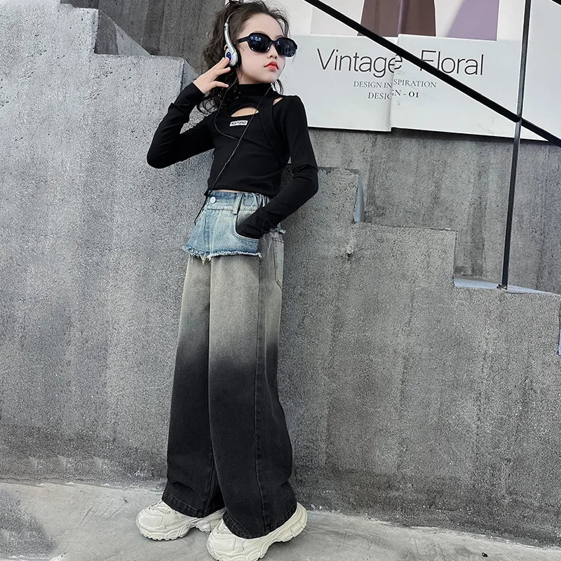 جديد ربيع بنات' طقم cool gradient دينم wide leg pants logo أكمام طويلة t-shirt formal ستايل for ages 6-7 years good quality