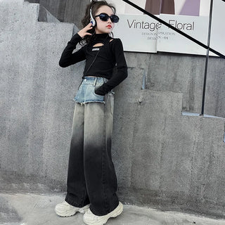 جديد ربيع بنات' طقم cool gradient دينم wide leg pants logo أكمام طويلة t-shirt formal ستايل for ages 6-7 years good quality