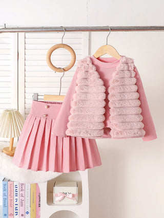 موضة 2025 خريف/شتاء جديد بنات' طقم: بنات' pink hairy فيست+bottom shirt+بليسيه قصير جيب 3-piece طقم