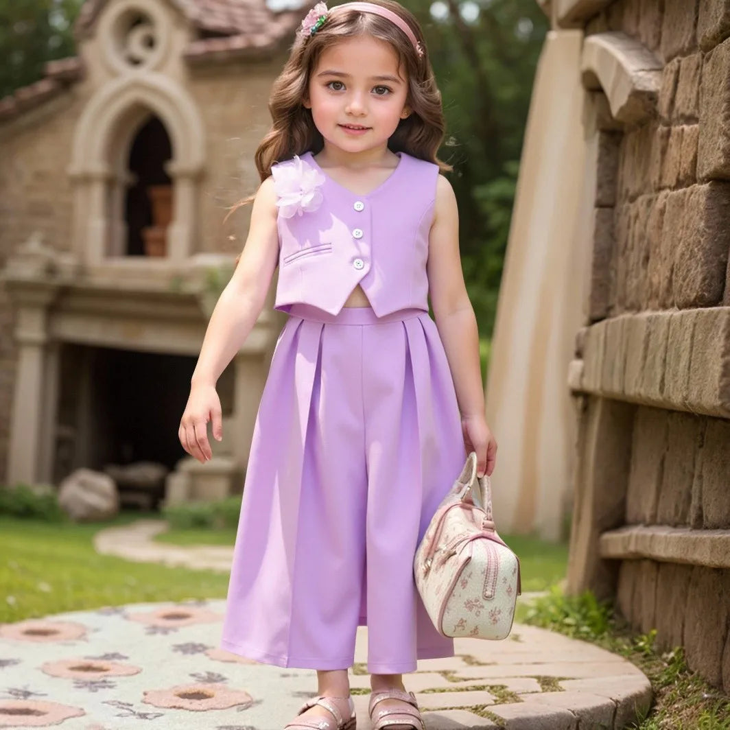 صيف جديد multi-color بنات' بدلة طقم with بدون أكمام فيست توب and pants for children