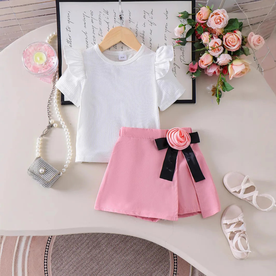 european american صيف كاجوال ستايل بنات طقم cute أكمام قصيرة t-shirt flower decorative pants جيب solid color جديد product
