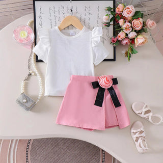 european american صيف كاجوال ستايل بنات طقم cute أكمام قصيرة t-shirt flower decorative pants جيب solid color جديد product