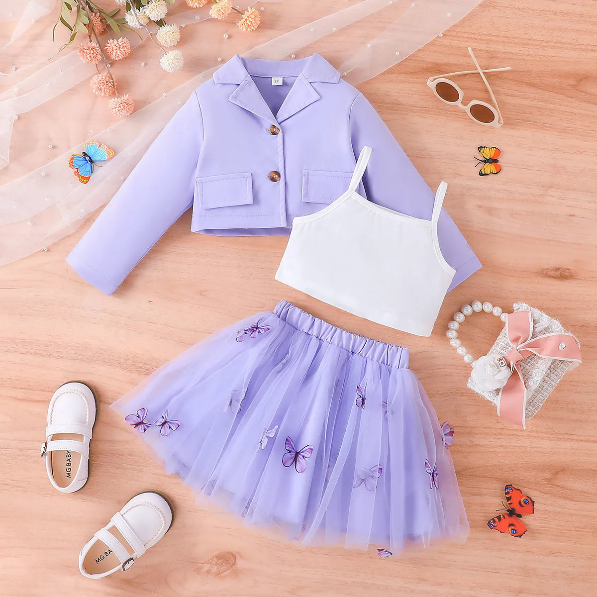 موضة 2025 جديد ربيع وخريف بنات' طقم أكمام طويلة coat tank توب قصير جيب 3-piece طقم