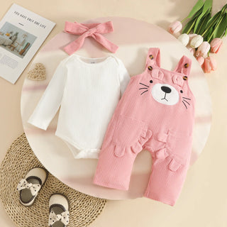 baby بنات fall شتاء طقم bear corduroy cotton jacket and pants with hackle straps أكمام طويلة 3pcs ins ستايل طقم