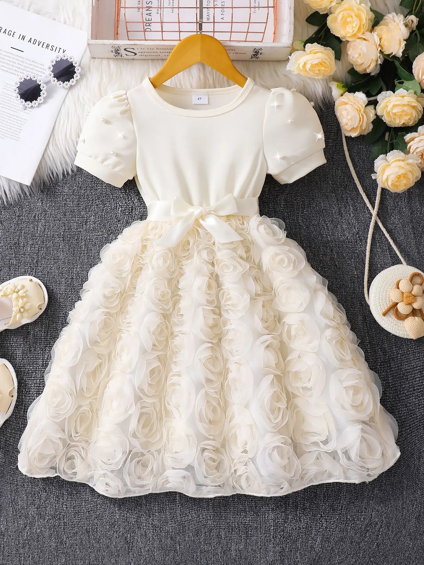 children's صيف rose فستان for بنات 3d flowers print أكمام قصيرة with pearl decoration odm party فستان for بنات