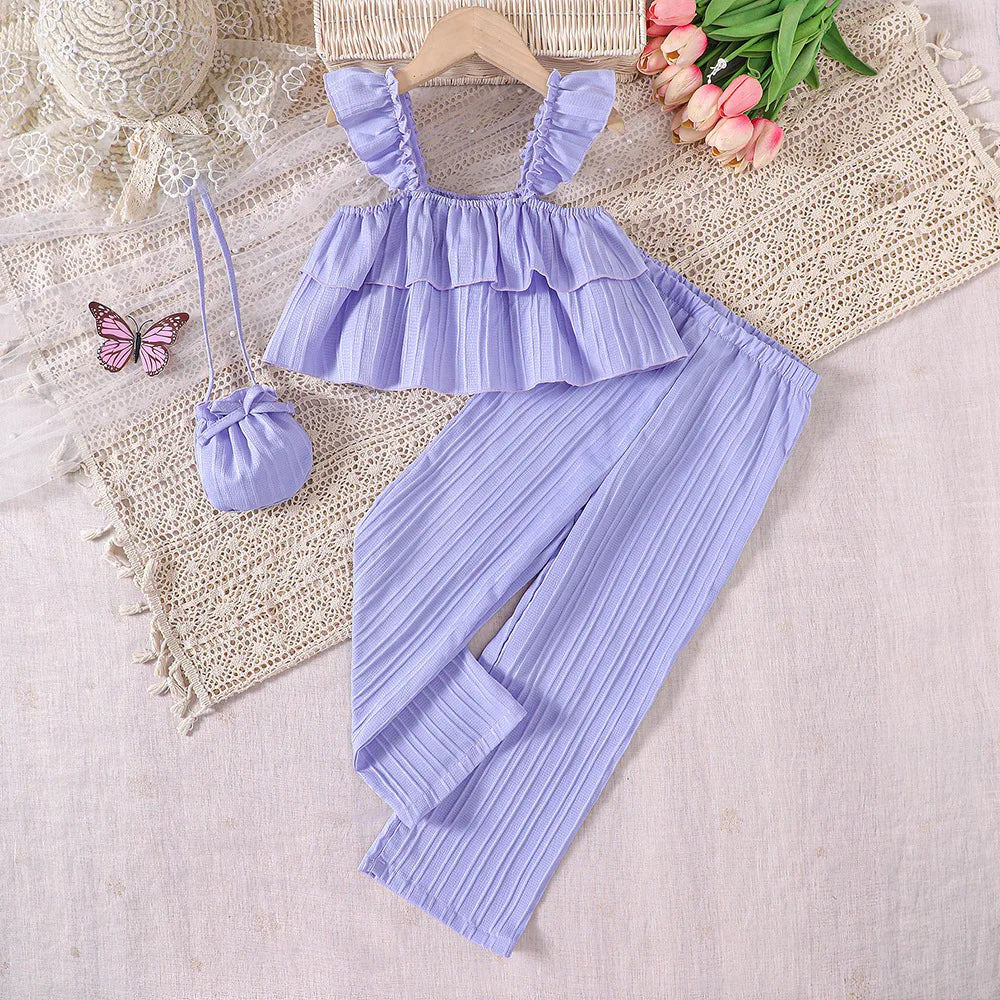 \جديد كاجوال print بنات' صيف lotus leaf كم sling pants بدلة for children's fashion\""