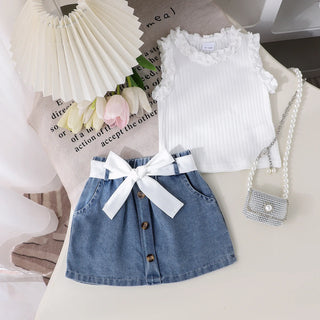 صيف بنت 4t clothing طقم solid color cotton فيست with lace pit and دينم جيب cross-border foreign trade جديد model