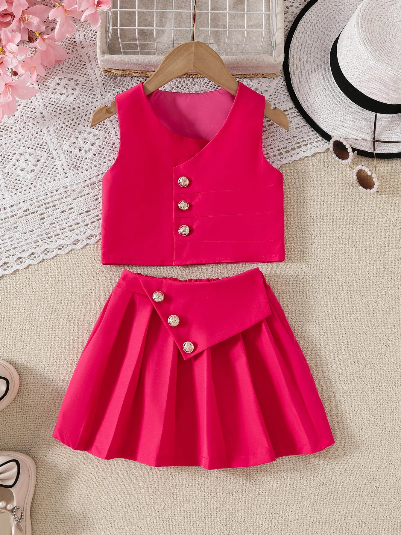 أطفال two-piece party بدلة fashionable stylish outfit solid color بدون أكمام button فيست بليسيه جيب بنات clothing طقم