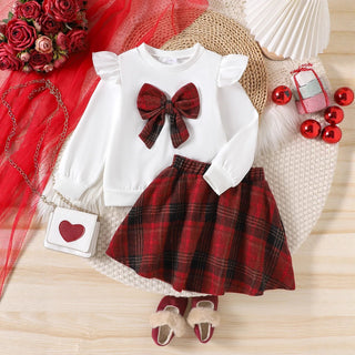 موضة 2025 جديد ربيع وخريف بنات' طقم small and medium sized bow أكمام طويلة checkered قصير جيب طقم قطعتين