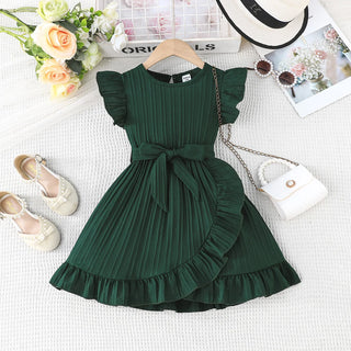 صيف بنات' جديد solid color wave stripe كم كشكش round neck ruffle edge فستان with waist belt