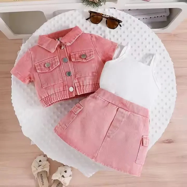 موضة 2025 جديد fashion 3pcs بنات clothing طقم أكمام قصيرة دينم jacket coat with قصير جيب outfits