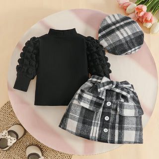 european american خريف شتاء baby بنت three-piece طقم كاجوال print logo جيب beret high collar bubble أكمام طويلة pit توب